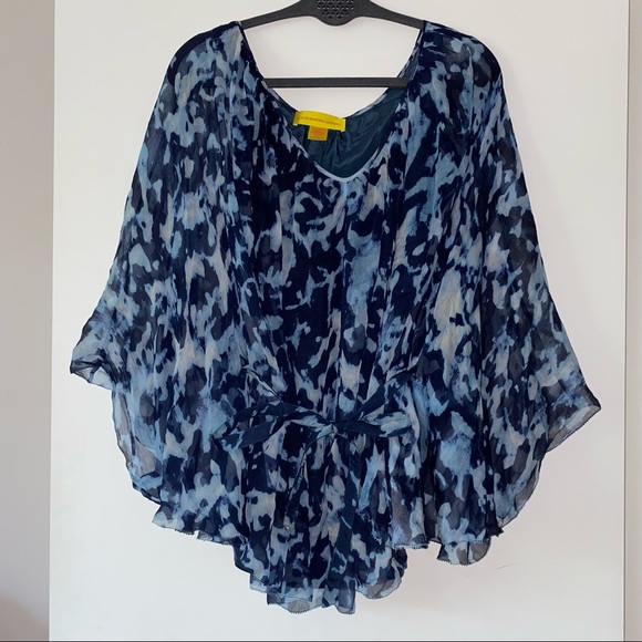 Catherine Malandrino Tops - Catherine Malandrino 100% silk blue watercolor print tie dolman tunic blouse
